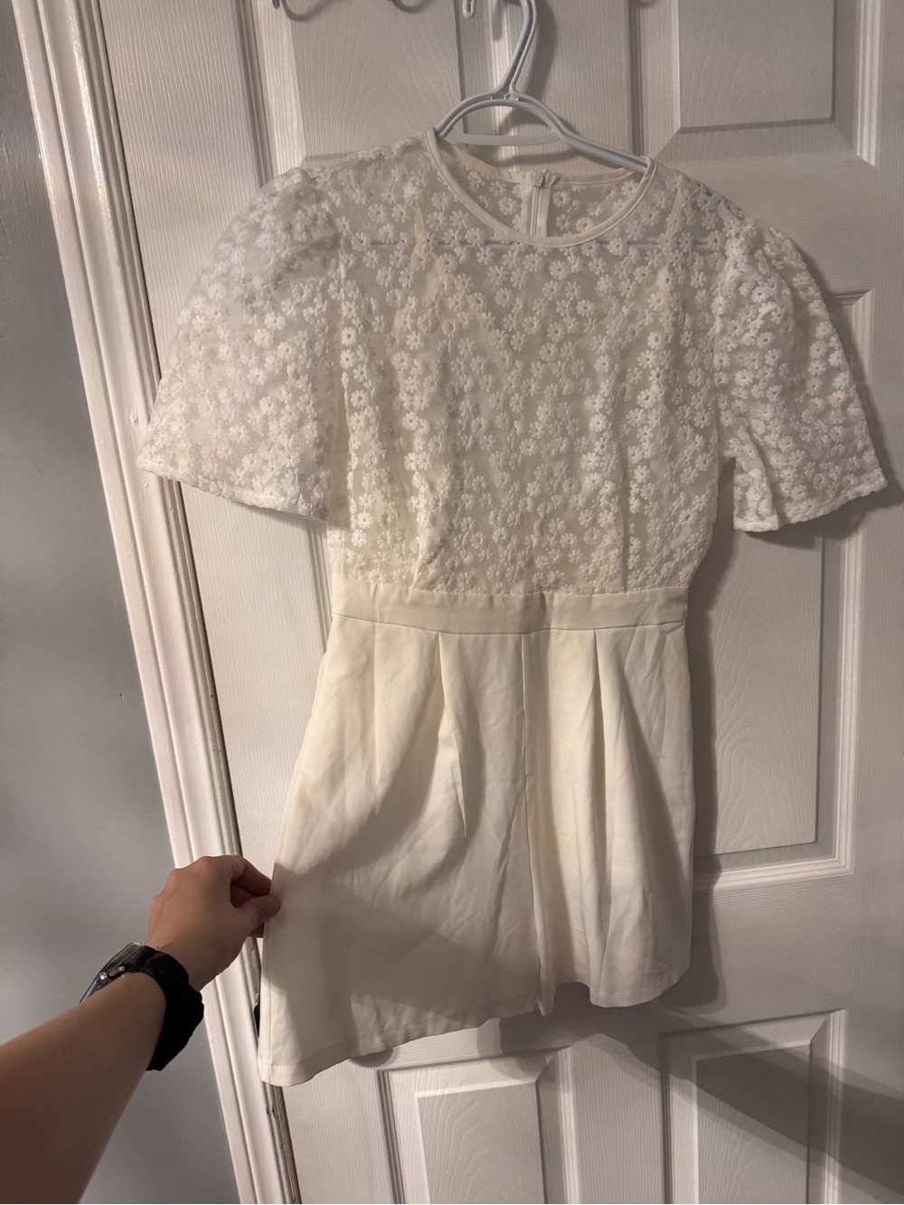 SHEIN White Floral Lace Puff Sleeve Skater Dress
